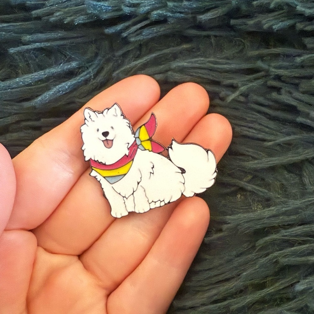 Women’s Accessories Cute Furry White Dog Enamel Pin with Rainbow Scarf